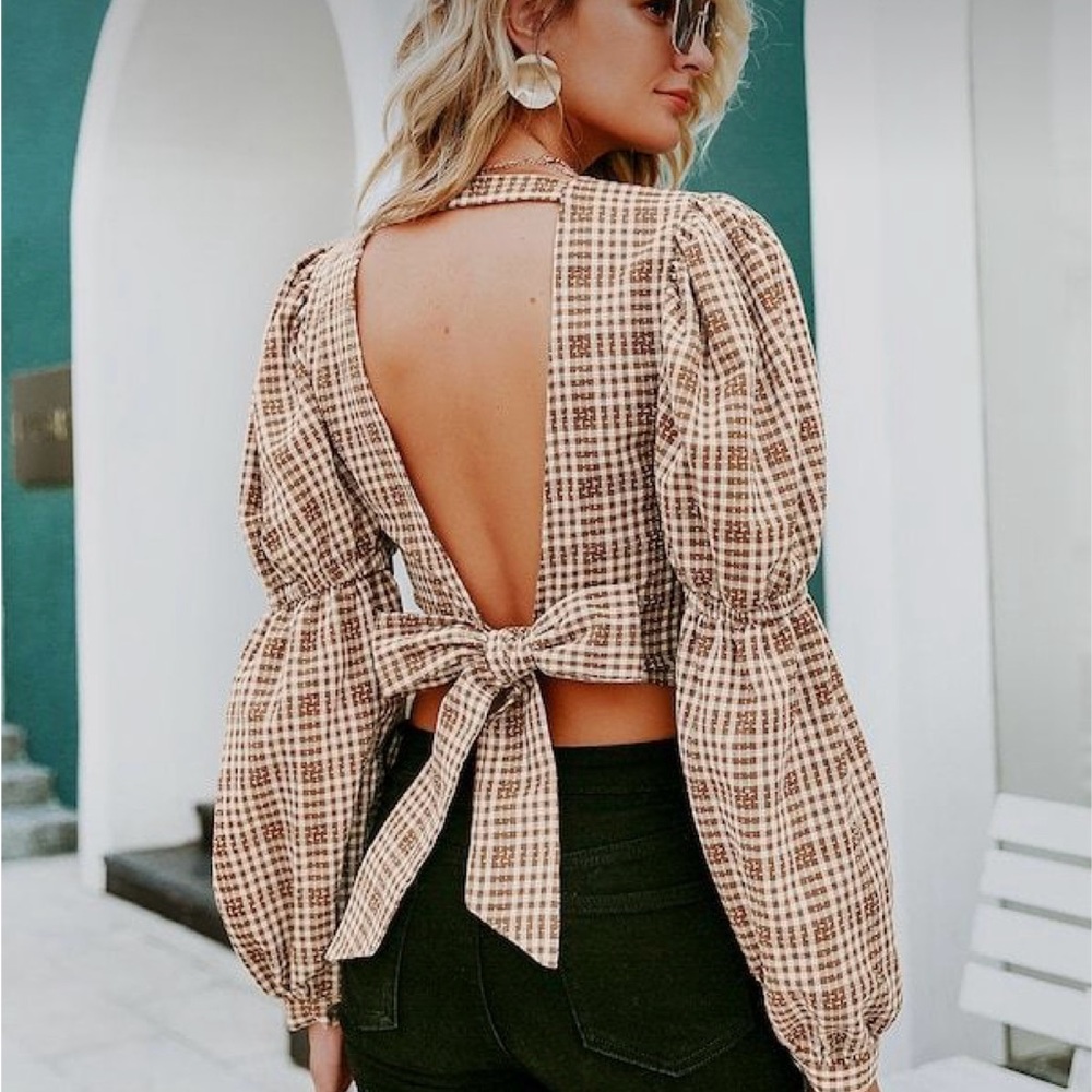 Shein Brown Plaid Wrap Back Top (XS)